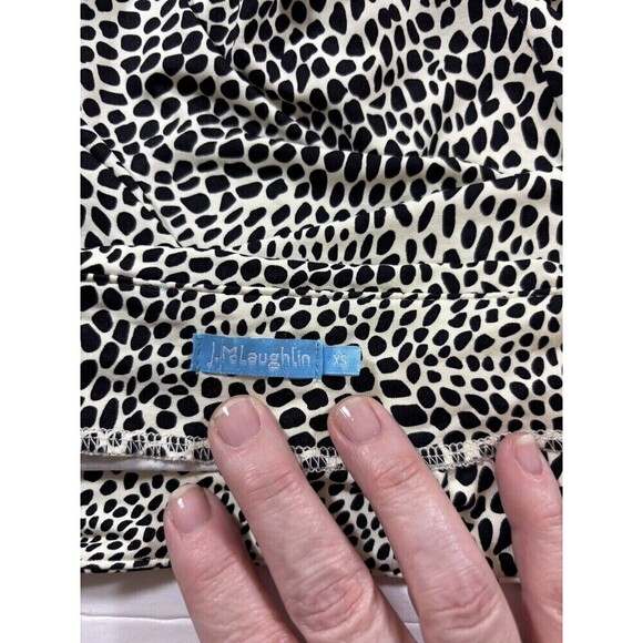 J McLaughlin Sage Midi Dress Cream Black Animal Print XS Bodycon Stretch Ruched - Picture 3 of 7